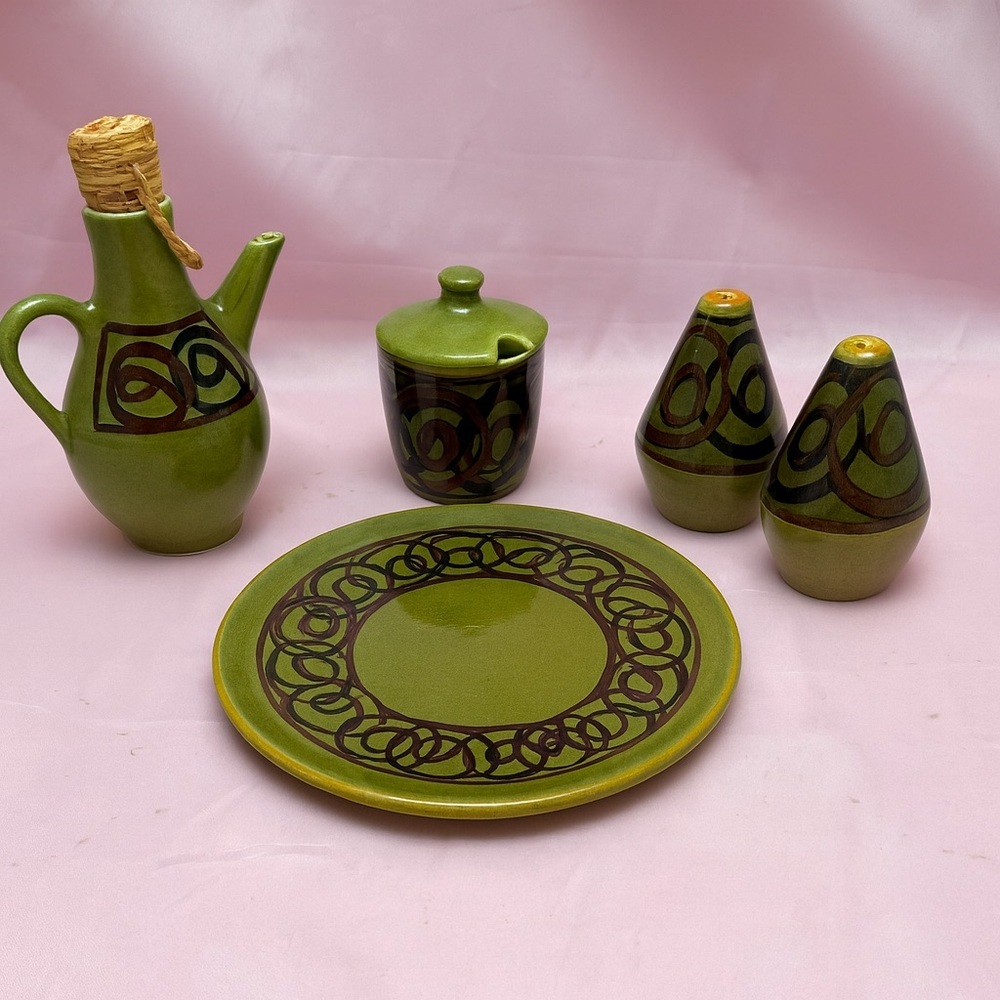 Vintage Brixham Pottery Devon England Green Glazed Stoneware Set Sugar Salt